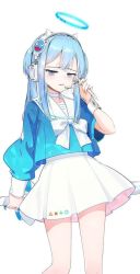 Rule 34 | 1girl, arona (blue archive), blue archive, blue eyes, blue hair, goddess of victory: nikke, highres, neckerchief, school uniform, shifty (nikke), simple background, skirt, thighs, third-party edit, white background, white neckerchief, white skirt