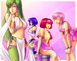 Rule 34 | 4girls, blue hair, blush, bow, bracelet, breasts, catria (fire emblem), circlet, closed eyes, dancer, elbow gloves, embarrassed, est (fire emblem), fire emblem, fire emblem: mystery of the emblem, fire emblem: shadow dragon, gloves, green eyes, green hair, hairband, jewelry, large breasts, long hair, lots of jewelry, maria (fire emblem), medium breasts, multiple girls, nintendo, open mouth, palla (fire emblem), pink hair, red hair, ribbon, short hair, smile, taka (sanoujo358), thighhighs, underboob