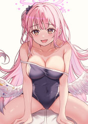 Rule 34 | 1girl, absurdres, akuakuran, angel wings, blue archive, blue one-piece swimsuit, breasts, cleavage, collarbone, commentary request, covered navel, crescent, double strap slip, feathered wings, girl on top, glint, gluteal fold, hair bun, hair intakes, hair ornament, halo, highres, large breasts, long hair, looking at viewer, low wings, mika (blue archive), one-piece swimsuit, open mouth, pink hair, pink halo, raised eyebrows, school swimsuit, simple background, single side bun, smile, solo focus, spread legs, swimsuit, thighs, white background, white wings, wings, yellow eyes