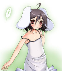 Rule 34 | 1girl, ahoge, animal ears, bare shoulders, female focus, flat chest, gradient background, inaba tewi, minazuki maya, rabbit ears, red eyes, see-through, short hair, solo, standing, touhou, white background