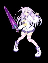 Rule 34 | 1girl, artist request, blush, breasts, choker, choujigen game neptune, cleavage, collarbone, d-pad, dress, energy sword, fighting stance, full body, hair ornament, highres, long hair, looking at viewer, medium breasts, nepgear, neptune (series), open mouth, purple eyes, purple hair, sailor dress, shoes, solo, sword, thighhighs, weapon, zettai ryouiki