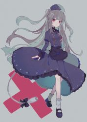 Rule 34 | 1girl, apron, armband, black dress, black hat, blush, buttons, closed mouth, commentary, cross, dress, full body, grey hair, hat, indie virtual youtuber, long hair, long sleeves, looking at viewer, minai karte, miwasiba, nurse cap, puffy sleeves, red eyes, shoes, socks, solo, two side up, very long hair, virtual youtuber, waist apron