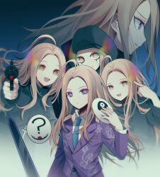 Rule 34 | 5boys, :d, ?, ahoge, aiming, aiming at viewer, black coat, black eyeliner, blonde hair, blue necktie, brown eyes, closed mouth, coat, collared shirt, cropped torso, empty eyes, eye trail, eyeliner, furrowed brow, gun, hand up, highres, holding, holding gun, holding mask, holding weapon, hood, hood up, jacket, jewelry, light trail, long hair, long sleeves, looking at viewer, makeup, makoto kagutsuchi, male focus, mask, master detective archives: rain code, multiple boys, multiple persona, necktie, open mouth, pants, pointing, pointing at self, pointing at viewer, pointing gun, profile, purple eyes, purple jacket, purple pants, qiao xing, ring, shirt, smile, spoilers, sword, unworn mask, upper body, weapon, white shirt