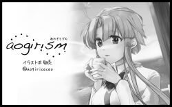 Rule 34 | 1girl, ahoge, aogirism, aria (manga), aria company uniform, artist name, black border, border, bow, bowtie, breasts, cup, dutch angle, greyscale, hair tubes, hands up, highres, holding, holding cup, long sleeves, looking at viewer, medium breasts, mizunashi akari, monochrome, mug, outdoors, parted bangs, parted lips, short hair with long locks, solo, steam, twitter username