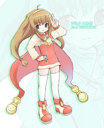 Rule 34 | 1girl, ahoge, brown hair, cape, coat, copyright name, full body, green eyes, hairband, hand on own hip, hip focus, lilka eleniak, long hair, low-tied long hair, nephilimax, shoes, sidelocks, simple background, skirt, smile, solo, thighhighs, twintails, v, white thighhighs, wild arms, wild arms 2, yellow hairband, zettai ryouiki