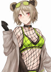 Rule 34 | 1girl, bare shoulders, black choker, black gloves, breasts, brown hair, choker, closed mouth, crop top, double bun, earrings, eyewear on head, fishnets, girls&#039; frontline, gloves, grey jacket, hair bun, hair ornament, hand up, highres, jacket, jewelry, long sleeves, looking at viewer, medium breasts, midriff, navel, off shoulder, official alternate costume, open clothes, open jacket, p90 (girls&#039; frontline), p90 (the girl from b.e.l) (girls&#039; frontline), red eyes, selcky, short hair, simple background, sleeveless, smile, solo, sports bra, stomach, sunglasses, upper body, white background