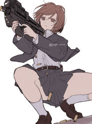 Rule 34 | 1girl, belt, blazer, brown belt, brown eyes, brown footwear, brown hair, bullpup, buttoned cuffs, buttons, closed mouth, collared shirt, dress shirt, firing, grey jacket, grey skirt, gun, gunslinger girl, hair between eyes, henrietta (gunslinger girl), highres, holding, holding gun, holding weapon, jacket, jaga rico, leather belt, loafers, long sleeves, looking afar, medium hair, p90, personal defense weapon, pleated skirt, shell casing, shirt, shirt tucked in, shoes, simple background, skirt, socks, solo, squatting, submachine gun, twintails, weapon, white background, white shirt, white socks