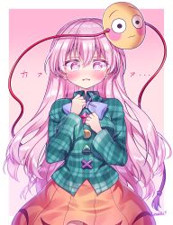 Rule 34 | 1girl, absurdres, artist name, blush, border, bow, bowtie, breasts, bright pupils, bubble skirt, buttons, circle, clenched hands, collared shirt, colored eyelashes, cross, emoji, green shirt, hair between eyes, hands on own chest, hata no kokoro, highres, lanubis, long hair, long sleeves, looking at viewer, mask, mask on head, open mouth, pink background, pink eyes, pink hair, plaid, plaid shirt, purple bow, purple bowtie, shirt, signature, simple background, skirt, solo, star (symbol), touhou, triangle, upper body, white border