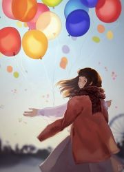 Rule 34 | 1girl, artist name, balloon, blue sky, blurry, brown hair, brown jacket, commentary request, dated, day, ferris wheel, from behind, grey skirt, highres, jacket, landscape, long hair, long sleeves, looking at viewer, looking back, original, scarf, shirt, skirt, sky, solo, standing, sunlight, unabara kairi, watermark, white shirt