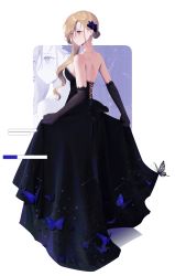 Rule 34 | 1girl, absurdres, alternate costume, asymmetrical hair, azur lane, backless dress, backless outfit, black butterfly, black dress, black gloves, blonde hair, blue butterfly, blue eyes, breasts, bug, butterfly, dress, earrings, elbow gloves, evening gown, from behind, full body, gloves, hair over shoulder, highres, hood (azur lane), insect, jewelry, lace, lace-trimmed dress, lace-trimmed gloves, lace trim, long dress, medium breasts, moonlgnance, simple background, skirt hold, solo, white background