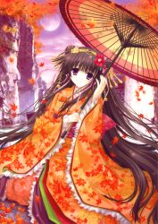 Rule 34 | 1girl, absurdres, autumn leaves, blunt bangs, brown hair, camellia, falling leaves, flower, frilled kimono, frills, hair flower, hair ornament, hairpin, head tilt, highres, huge filesize, japanese clothes, kimizuka aoi, kimono, leaf, leaf print, looking at viewer, maple leaf, mountain, oil-paper umbrella, outdoors, parasol, purple eyes, solo, umbrella