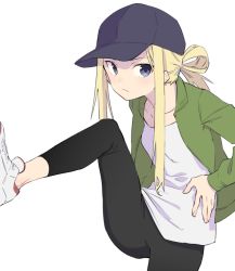 Rule 34 | 1girl, aki poi, baseball cap, black hat, black legwear, blonde hair, blue eyes, commentary request, green jacket, hair rings, hat, jacket, leg up, long hair, looking at viewer, open clothes, open jacket, original, pants, shirt, shoes, sidelocks, simple background, sneakers, solo, v-shaped eyebrows, white background, white footwear, white shirt