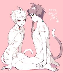 Rule 34 | 2boys, :d, amido (compassion273), animal ears, arm support, ass, bare legs, barefoot, brown hair, cat boy, cat ears, cat tail, collared shirt, danganronpa (series), danganronpa 2: goodbye despair, dated, dual persona, fang, highres, hinata hajime, hinata hajime (awakened), kemonomimi mode, male focus, male underwear, unworn male underwear, mouth hold, multiple boys, no male underwear, open mouth, profile, red eyes, shirt, short sleeves, simple background, sitting, smile, tail, underwear, wariza, white hair, white shirt