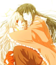 Rule 34 | 1boy, 1girl, bad id, bad pixiv id, black hair, bow, fujiwara no mokou, genderswap, genderswap (ftm), hair bow, hair ribbon, hetero, houraisan kaguya, hug, long hair, red eyes, ribbon, rin tsuyukusa, silver hair, touhou, yuzuri sa