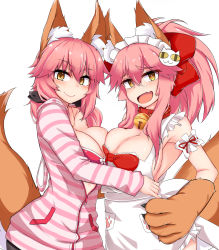 Rule 34 | 10s, 2girls, animal ears, animal hands, apron, bell, breast press, breasts, cleavage, collar, dual persona, fang, fate/extra, fate/grand order, fate (series), fox ears, fox tail, hair ribbon, highres, large breasts, long hair, looking at viewer, maid headdress, multiple girls, naked apron, neck bell, open mouth, otinyanko, pink hair, ribbon, sideboob, simple background, smile, symmetrical docking, tail, tamamo (fate), tamamo cat (fate), tamamo cat (third ascension) (fate), tamamo no mae (fate/extra), tamamo no mae (spring casual) (fate), white background, yellow eyes