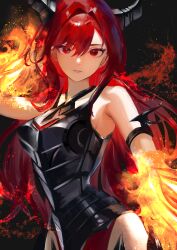 Rule 34 | 1girl, absurdres, aged up, armor, asaki (asaki vision), bare shoulders, breastplate, duel monster, fire, flaming hand, hand up, highres, horns, long hair, looking at viewer, parted lips, promethean princess bestower of flames, red eyes, red hair, solo, yu-gi-oh!
