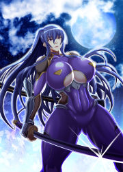Rule 34 | 1girl, abs, akiyama rinko, artist request, bloom, breasts, bug, butterfly, cleavage, cleavage cutout, clothing cutout, cloud, cloudy sky, collarbone, curvy, floating hair, from below, full moon, gauntlets, gluteal fold, hair between eyes, highres, holding, holding weapon, huge breasts, insect, katana, legs apart, lips, long hair, looking at viewer, mifune seijirou, moon, night, night sky, ponytail, reflection, shiny clothes, sidelocks, sky, solo, standing, star (sky), starry sky, sword, taimanin (series), taimanin suit, taimanin yukikaze, toned, underboob, very long hair, weapon