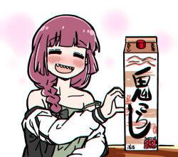 Rule 34 | 1girl, = =, alcohol carton, black bow, blunt bangs, blush, bocchi the rock!, bow, braid, braided ponytail, breasts, closed eyes, collarbone, elbow rest, facing viewer, hair bow, hand up, heart, heart hands, heart hands duo, heart hands failure, hiroi kikuri, jacket, long hair, long sleeves, low-braided long hair, low-tied long hair, off shoulder, open clothes, open jacket, open mouth, red hair, sharp teeth, single braid, small breasts, smile, solo, strap slip, teeth, torako (toramaru), upper body