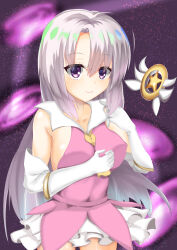 Rule 34 | 1girl, absurdres, ahoge, ayachi nene, blush, breasts, closed mouth, commentary request, cosplay, covered erect nipples, crossover, dress, elbow gloves, eyelashes, eyes visible through hair, fate/kaleid liner prisma illya, fate (series), frilled dress, frills, gloves, grey hair, hair between eyes, highres, ju3cxqko75m199r, large breasts, long hair, looking at viewer, magical ruby, petticoat, pink dress, prisma illya, prisma illya (cosplay), purple background, purple eyes, sanoba witch, smile, solo, very long hair, white gloves
