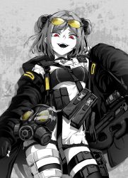 Rule 34 | 1girl, breasts, buckle, bullpup, coat, commission, double bun, ebiblue, eyewear on head, fingerless gloves, gas mask, gesugao, girls&#039; frontline, gloves, gun, hair bun, highres, long sleeves, looking at viewer, mask, open mouth, p90, p90 (girls&#039; frontline), partially colored, personal defense weapon, pouch, red eyes, short hair, smile, snap-fit buckle, solo, strap, submachine gun, sunglasses, tactical clothes, thigh strap, weapon