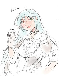 Rule 34 | 1girl, aqua hair, assault lily, belt, black choker, braid, breasts, brown jacket, choker, clenched hand, collared shirt, commentary request, cropped torso, fang, gloves, green eyes, hair between eyes, hand on own hip, hand up, jacket, jewelry, long hair, long sleeves, looking at viewer, medium breasts, miwada rito, necklace, open clothes, open jacket, open mouth, partially colored, pendant, santouka, school uniform, shirt, side braid, simple background, single braid, sketch, sleeves past elbows, sleeves pushed up, smile, solo, translated, upper body, very long hair, white background, white gloves, white shirt