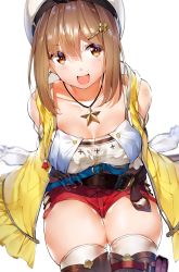 Rule 34 | 1girl, :d, arms behind back, atelier (series), atelier ryza, atelier ryza 1, bare shoulders, belt, belt buckle, beret, blue belt, blurry, breasts, brown belt, brown eyes, brown hair, buckle, cleavage, collarbone, commentary request, detached sleeves, hair between eyes, hair ornament, hairclip, hat, highres, jacket, jewelry, large breasts, leather belt, medium hair, necklace, open clothes, open jacket, open mouth, orihi chihiro, pouch, red shorts, reisalin stout, shirt, short shorts, shorts, simple background, sitting, skindentation, sleeveless, sleeveless jacket, smile, solo, star (symbol), star necklace, thigh gap, thigh pouch, thighhighs, thighs, vial, white background, white hat, white shirt, white thighhighs, yellow jacket