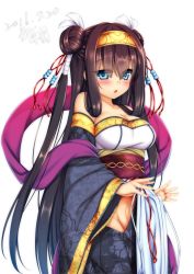Rule 34 | 1girl, 2016, :o, black hair, blue eyes, blush, breasts, cleavage, commentary request, cowboy shot, dated, detached sleeves, double bun, hair ribbon, hairband, highres, large breasts, long hair, looking at viewer, minaha (playjoe2005), no panties, obi, pelvic curtain, ribbon, rinne (sennen sensou aigis), sash, sennen sensou aigis, signature, solo, two side up, very long hair, white background, wide sleeves
