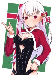 Rule 34 | 1girl, bell, black leotard, blush, breasts, christmas, cleavage, closed mouth, clothing cutout, commentary request, earrings, fate/grand order, fate (series), fur-trimmed jacket, fur trim, hair bell, hair ornament, hair ribbon, half-closed eyes, hand on own hip, hibun tsukasa, highres, index finger raised, jacket, jewelry, kama (fate), leotard, long sleeves, looking at viewer, medium breasts, partial commentary, red eyes, red jacket, red ribbon, ribbon, santa costume, shrug (clothing), side cutout, silver hair, smile, snowflake earrings, solo, standing
