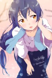 Rule 34 | 1girl, blue hair, blue hakama, blush, character name, commentary request, dated, hair between eyes, hakama, hakama short skirt, hakama skirt, happy birthday, highres, japanese clothes, long hair, love live!, love live! school idol project, low ponytail, open mouth, sen (sen0910), simple background, skirt, solo, sonoda umi, towel, towel around neck, yellow eyes