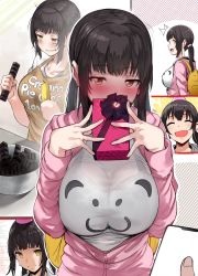 Rule 34 | 1girl, :d, ^ ^, absurdres, apron, backpack, bag, black hair, blunt bangs, blush, bowl, box, breasts, candy, chocolate, chocolate bar, closed eyes, closed mouth, clothes writing, commentary, english commentary, fang, food, gift, gift box, hews, highres, jacket, large breasts, long sleeves, looking at viewer, multiple views, open mouth, original, pink jacket, shirt, skin fang, smile, tears, valentine, white shirt, yellow eyes