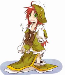 Rule 34 | 1girl, age regression, ahoge, blush, bow, braid, child, female focus, green eyes, hat, hong meiling, long hair, off shoulder, open mouth, oversized clothes, red hair, shirt, skirt, solo, standing, star (symbol), touhou, twin braids, vest, aged down, yuuta (monochrome)