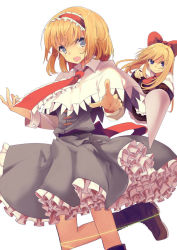 Rule 34 | &gt;:), &gt;:o, 1girl, :o, alice margatroid, apron, blonde hair, blue eyes, boots, bow, brown footwear, capelet, cross-laced footwear, dress, foreshortening, grey dress, hair bow, hairband, lace-up boots, lance, lolita hairband, mieharu, neck ribbon, open mouth, petticoat, pointing, pointing at viewer, polearm, red bow, red ribbon, ribbon, sash, shanghai doll, touhou, v-shaped eyebrows, waist apron, weapon