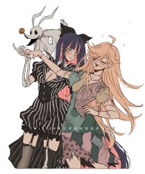 Rule 34 | 2girls, :d, ahoge, artist name, asymmetrical legwear, black bow, black thighhighs, blonde hair, blush, bow, breasts, cleavage, closed eyes, criis-chan, cropped legs, dress, fishnet thighhighs, fishnets, frills, garter straps, hair bow, long hair, looking at another, medium breasts, mismatched legwear, multiple girls, open mouth, panty &amp; stocking with garterbelt, panty (psg), pink hair, purple hair, scar, short sleeves, siblings, simple background, sisters, skeletal arm, smile, sparkle, stocking (psg), striped clothes, striped dress, teeth, thighhighs, torn clothes, torn dress, upper teeth only, white background