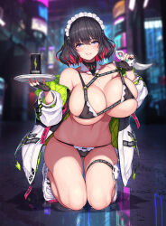 Rule 34 | 1girl, breasts, covered erect nipples, energy drink, fingerless gloves, gloves, holding, holding tray, jacket, javelin (nidy), karambit, large breasts, maid headdress, maid panties, midriff, multicolored hair, navel, nidy, original, tray, two-tone hair