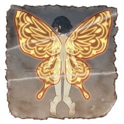 Rule 34 | 1girl, aluce, ass, bad id, bad pixiv id, black hair, butterfly wings, closed eyes, from behind, full body, insect wings, nude, profile, short hair, soles, solo, spoilers, toes, umineko no naku koro ni, wings, yasu (umineko), yellow wings