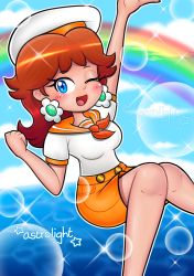 Rule 34 | 1girl, absurdres, breasts, brown hair, earrings, flower earrings, grin, hand up, hat, highres, jewelry, legs, looking at viewer, mario (series), mario kart, mario kart tour, nintendo, one eye closed, open mouth, princess daisy, rainbow, sailor collar, sailor hat, sailor shirt, shirt, shorts, sitting, smile, tomboy, water, wink