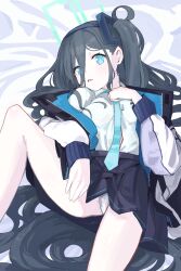 Rule 34 | 1girl, absurdly long hair, absurdres, aris (blue archive), bed sheet, black hair, black hairband, black skirt, blue archive, blue eyes, blue necktie, blush, green halo, hairband, halo, highres, jacket, long hair, looking at viewer, necktie, one side up, open clothes, open jacket, open mouth, p2p2hifumi, panties, pleated skirt, ringed eyes, shirt, skirt, solo, two-sided fabric, two-sided jacket, underwear, very long hair, white jacket, white panties, white shirt