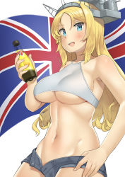 Rule 34 | 1girl, absurdres, alternate costume, bad id, bad pixiv id, blonde hair, blue eyes, blush, bottle, breasts, cowboy shot, hair between eyes, headgear, highres, kantai collection, large breasts, long hair, looking at viewer, nelson (kancolle), open fly, open mouth, osananajimi neko, short shorts, shorts, smile, solo, standing, underboob, union jack, very long hair
