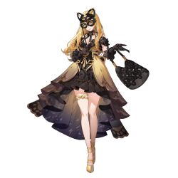 Rule 34 | 1girl, bag, bare legs, black bag, black dress, black gloves, black ribbon, blonde hair, breasts, cleavage, dress, flats, frilled dress, frills, full body, gloves, gold trim, hand up, handbag, highres, iida100ii, long hair, looking at viewer, mask, neck ribbon, original, ribbon, simple background, small breasts, solo, standing, tachi-e, thigh strap, two-tone dress, white background, yellow dress, yellow footwear, yellow theme