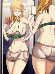Rule 34 | 1girl, absurdres, ass, at2., back, bikini, bikini top only, blonde hair, breasts, butt crack, cellphone, cleavage, dark-skinned female, dark skin, dimples of venus, duplicate, glasses, groin, hair ornament, hand on own hip, highres, large breasts, midriff, mirror, navel, original, phone, reflection, selfie, short shorts, shorts, smartphone, solo, standing, sweat, swimsuit, underboob, yellow eyes