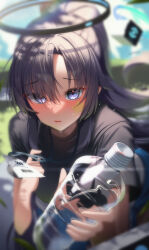 Rule 34 | 1girl, absurdres, black shirt, blue archive, blush, bottle, commentary, drone, gym uniform, halo, highres, holding, holding bottle, id card, kyudong., lanyard, leaning forward, long hair, looking at viewer, official alternate costume, outdoors, parted bangs, parted lips, purple hair, reaching, reaching towards viewer, shirt, short sleeves, sidelocks, solo, star sticker, sticker on face, sweat, water bottle, yuuka (blue archive), yuuka (track) (blue archive)