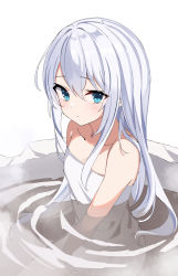 Rule 34 | 1girl, absurdres, blue eyes, blush, closed mouth, collarbone, fathom, hair between eyes, hibiki (kancolle), highres, kantai collection, long hair, naked towel, onsen, partially submerged, simple background, solo, towel, water, white background, white hair