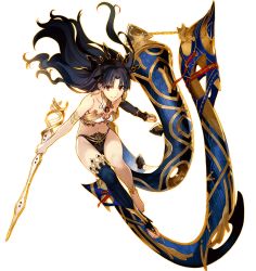 Rule 34 | 1girl, bare shoulders, black hair, bow (weapon), breasts, detached collar, detached sleeves, earrings, fate/grand order, fate (series), feet, full body, groin, hair ribbon, holding, holding weapon, hoop earrings, ishtar (fate), ishtar (fate), jewelry, long hair, medium breasts, morii shizuki, navel, official art, outstretched arms, red eyes, ribbon, single thighhigh, solo, sparkle, teeth, thighhighs, tiara, toeless legwear, toes, tohsaka rin, two side up, weapon