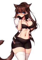 Rule 34 | 1girl, animal ears, warrior of light (ff14), bike shorts, bikini, bikini top only, black gloves, blue eyes, blush, breasts, brown hair, cat ears, cat tail, cowboy shot, fictional persona, final fantasy, final fantasy xiv, fingerless gloves, foxykuro, gloves, jacket, large breasts, long hair, looking at viewer, miqo&#039;te, open clothes, open jacket, ponytail, solo, swimsuit, tail, thighhighs, white background, white thighhighs