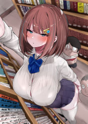 Rule 34 | 1girl, 2boys, absurdres, arm behind back, blurry, blush, bookshelf, bra visible through clothes, breasts, brown hair, clip studio paint (medium), depth of field, foreshortening, from above, green eyes, hair ornament, hairclip, highres, large breasts, library, mitsudoue, multiple boys, original, pleated skirt, see-through, short hair, skirt, solo focus, thighhighs, white thighhighs