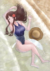 Rule 34 | 1girl, absurdres, ai ai gasa, armpits, black one-piece swimsuit, breasts, brown eyes, brown hair, competition swimsuit, flower, full body, hair flower, hair ornament, hat, unworn hat, unworn headwear, highleg, highleg swimsuit, highres, large breasts, long hair, looking at viewer, lying, mo3, on side, one-piece swimsuit, original, partially submerged, solo, sun hat, swimsuit, water, waves