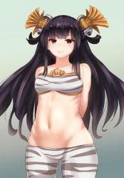 Rule 34 | 1girl, arms behind back, bare shoulders, black hair, dargo, from below, hair ornament, long hair, navel, oshiro project:re, oshiro project:re, purple eyes, shigisan (oshiro project), simple background, solo, stomach, underwear, underwear only, very long hair