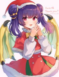 Rule 34 | 1girl, alternate costume, arms up, blunt bangs, blurry, blurry background, buttons, capelet, christmas, collar, dragon girl, dragon wings, dress, fingers together, fire emblem, fire emblem: the sacred stones, frilled collar, frills, fur-trimmed capelet, fur-trimmed dress, fur trim, gold bowtie, green wings, hair tie, hat, highres, light particles, long hair, looking at viewer, mistletoe, multi-tied hair, multicolored clothes, myrrh (fire emblem), nintendo, own hands together, pale skin, purple hair, red capelet, red dress, red eyes, santa costume, santa dress, santa hat, short dress, smile, solo, standing, tikoo 616, twintails, upper body, white background, wings, yellow wings