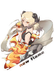 Rule 34 | &gt;:), 1girl, absurdres, arknights, artist name, bare shoulders, black choker, breasts, choker, commentary request, fire, hand up, highres, horns, ifrit (arknights), looking at viewer, nail polish, newflame, orange eyes, orange nails, originium arts (arknights), short hair, silver hair, simple background, small breasts, smile, solo, upper body, v-shaped eyebrows, white background