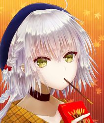 Rule 34 | 1girl, ahoge, ayamu (igakato), braid, eyebrows hidden by hair, fate/grand order, fate (series), food, hair ribbon, hat, highres, in mouth, jeanne d&#039;arc (fate), jeanne d&#039;arc alter (avenger) (fate), jeanne d&#039;arc alter (fate), looking at viewer, neck brace, pocky, ribbon, short hair, silver hair, solo, upper body, yellow eyes
